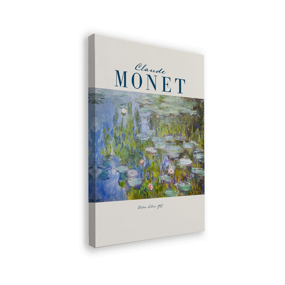 Ausstellungsplakat Claude Monet mit Seerosen auf blau-violettem Wasser, blauer Schriftzug
