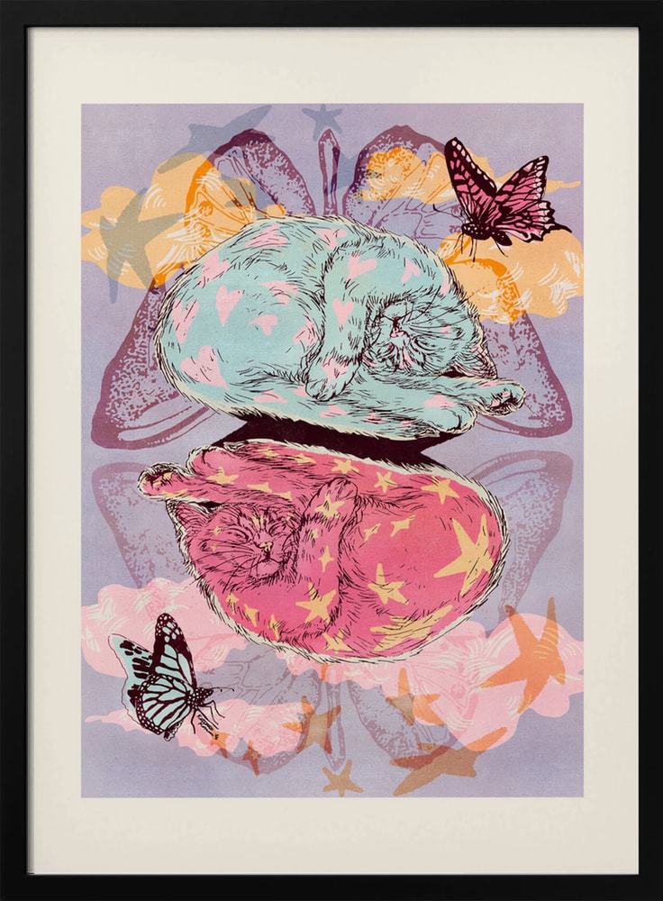 Illustration zweier schlafender Katzen in Mint und Pink mit Schmetterlingen und Sternen
