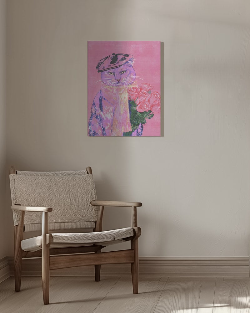 Katze mit Baskenmütze und Rosen