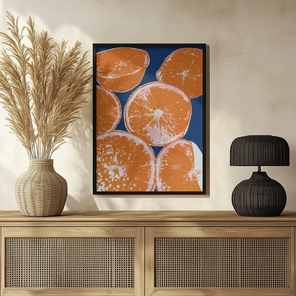 Illustration halbierter Orangen auf dunkelblauem Hintergrund