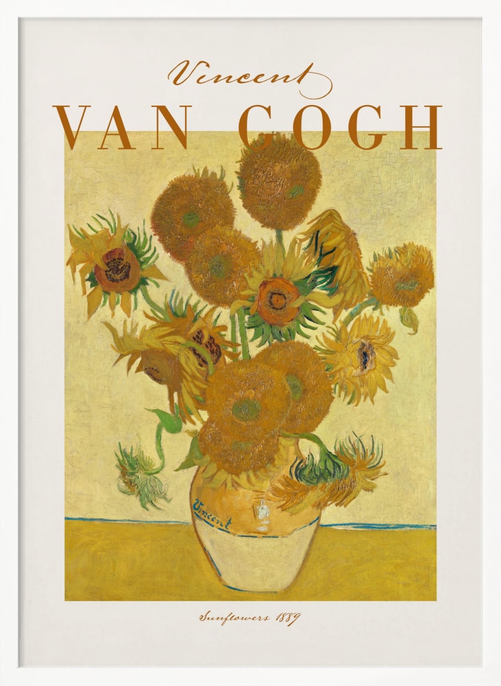 Ausstellungsplakat Vincent van Gogh mit dem Gemälde Sonnenblumen, ockerfarbener Schriftzug oben
