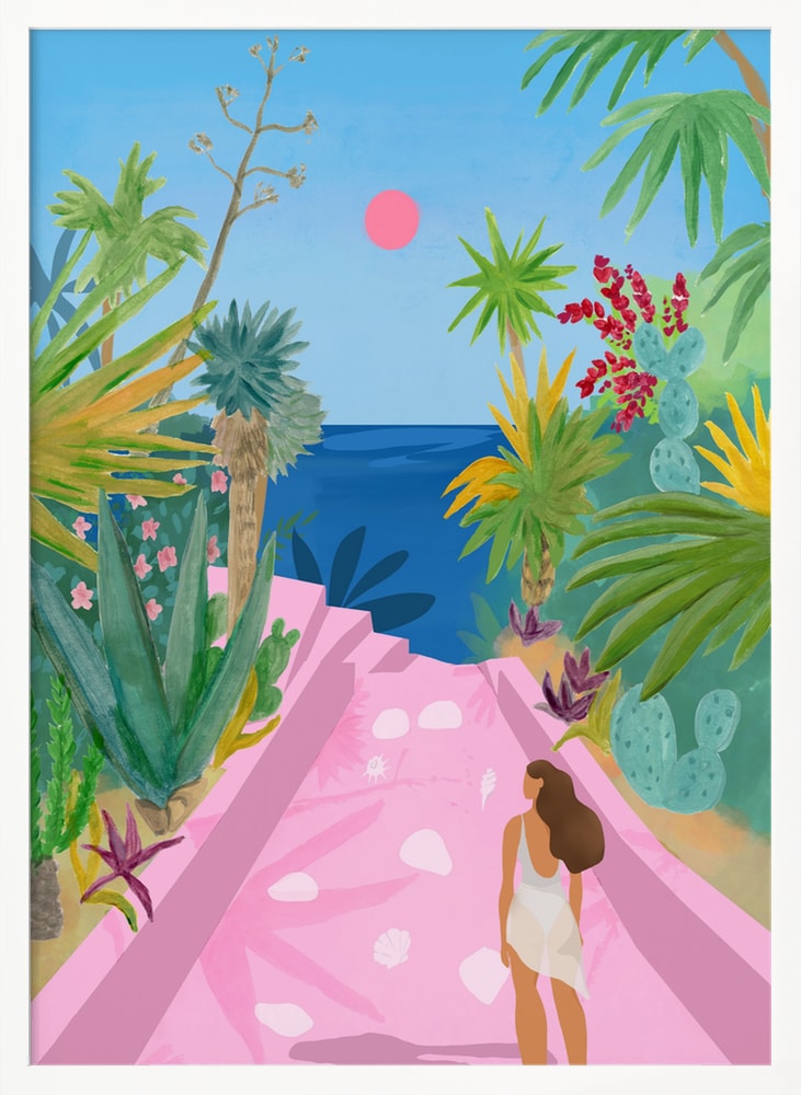Illustration eines rosa Wegs zwischen tropischen Pflanzen zum blauen Meer mit Frau im weißen Kleid