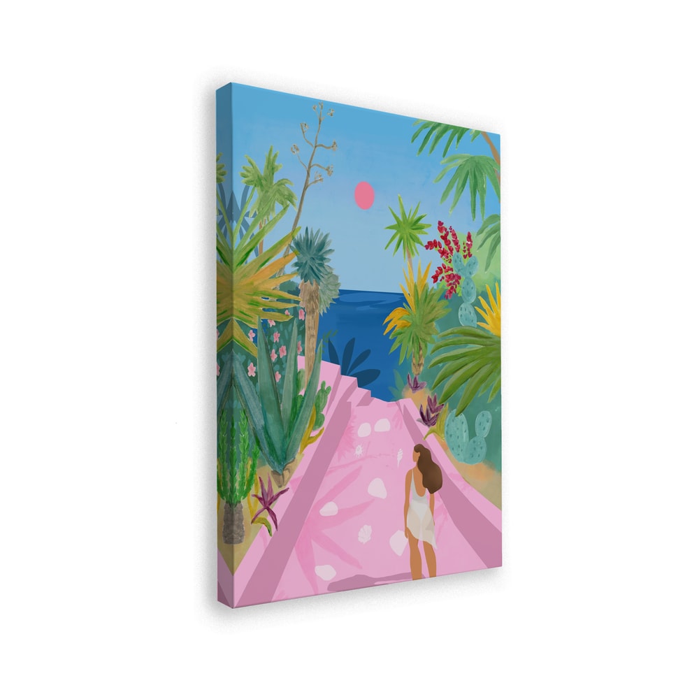Illustration eines rosa Wegs zwischen tropischen Pflanzen zum blauen Meer mit Frau im weißen Kleid