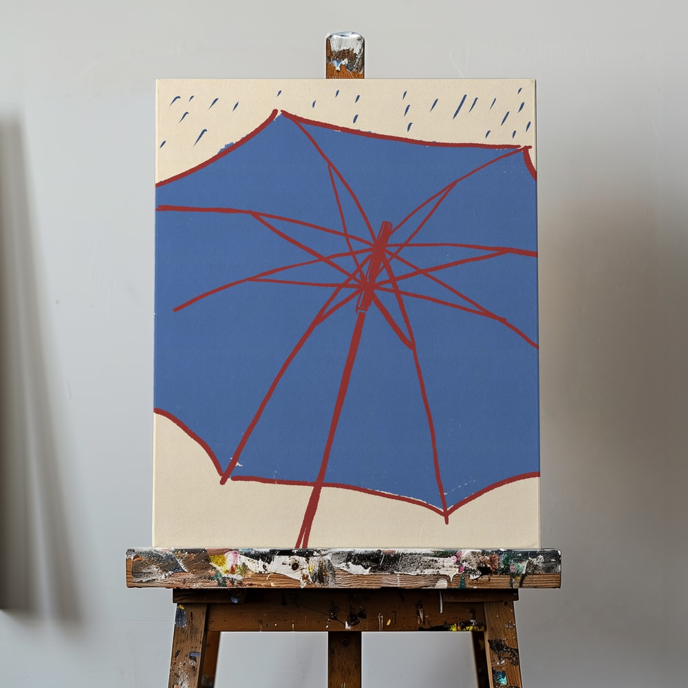 Illustration eines blauen Regenschirms mit roten Streben und Regentropfen auf hellem Hintergrund