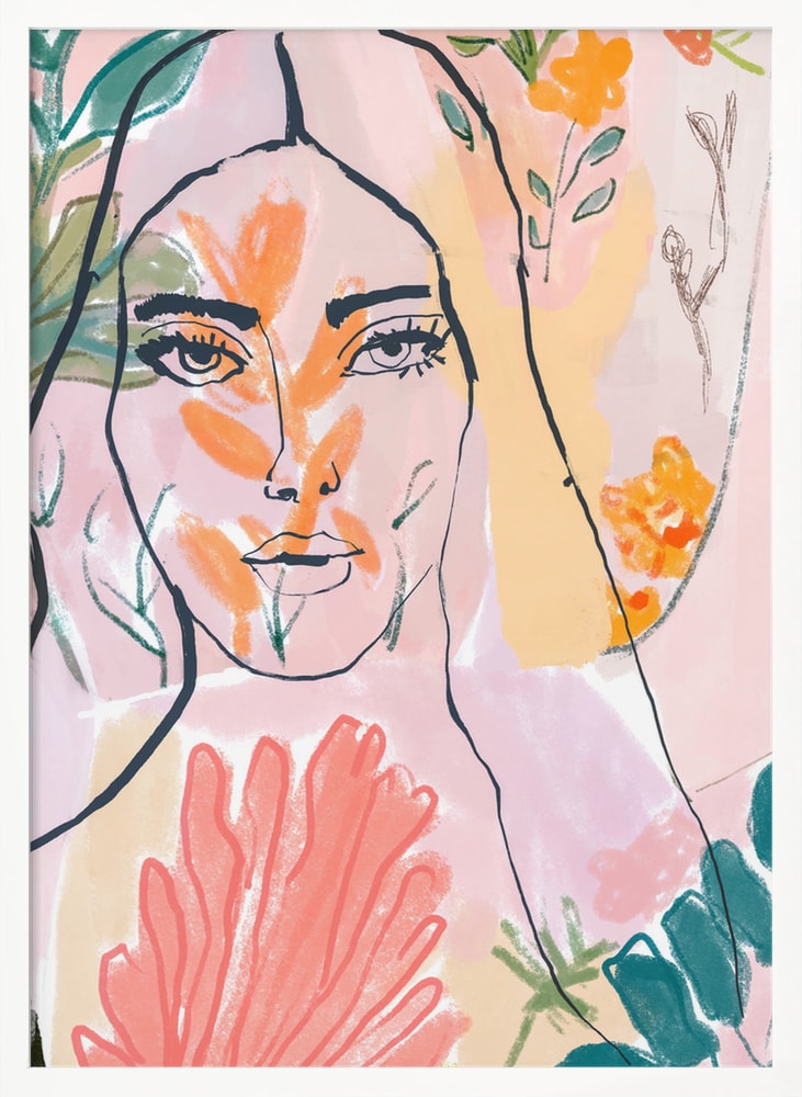 Linienzeichnung eines Frauengesichts zwischen rosa, orangen und grünen Blüten