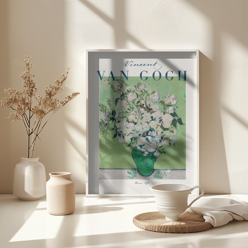 Ausstellungsplakat Vincent van Gogh mit weißen Rosen in grüner Vase, blauer Schriftzug