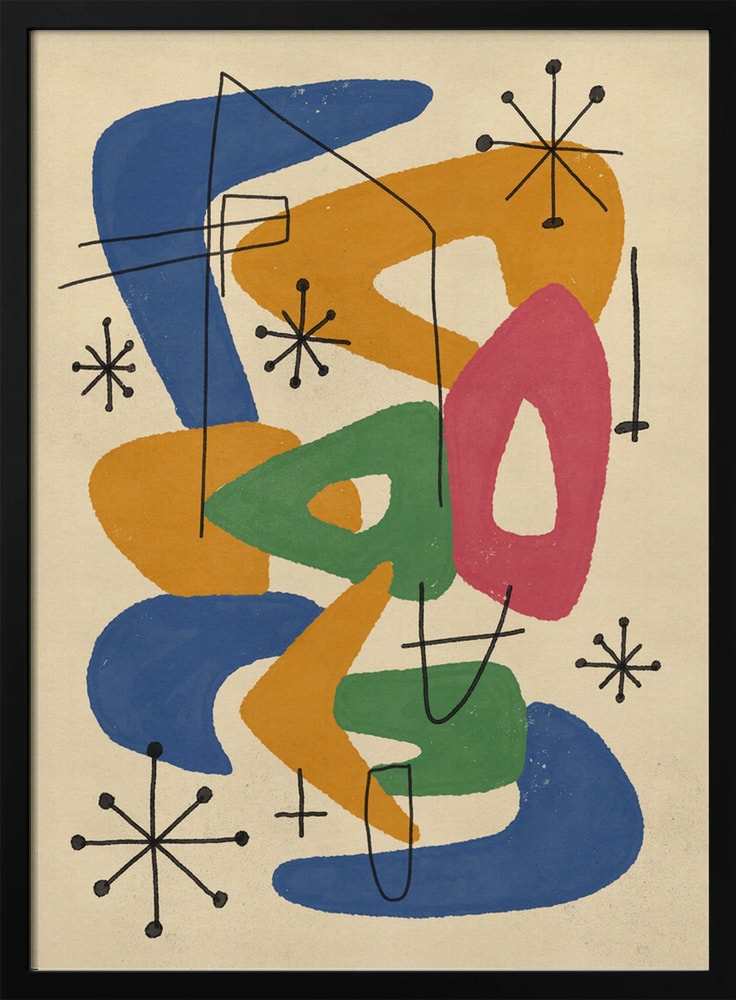 Abstrakte Bumerangformen in Blau, Orange, Grün und Pink mit Sternen im Midcentury-Stil
