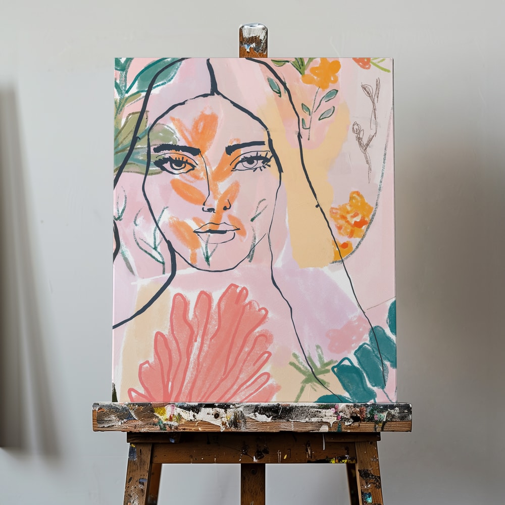 Linienzeichnung eines Frauengesichts zwischen rosa, orangen und grünen Blüten