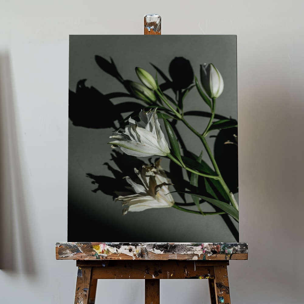 Fotografie weißer Lilien mit Schatten auf graugrüner Wand