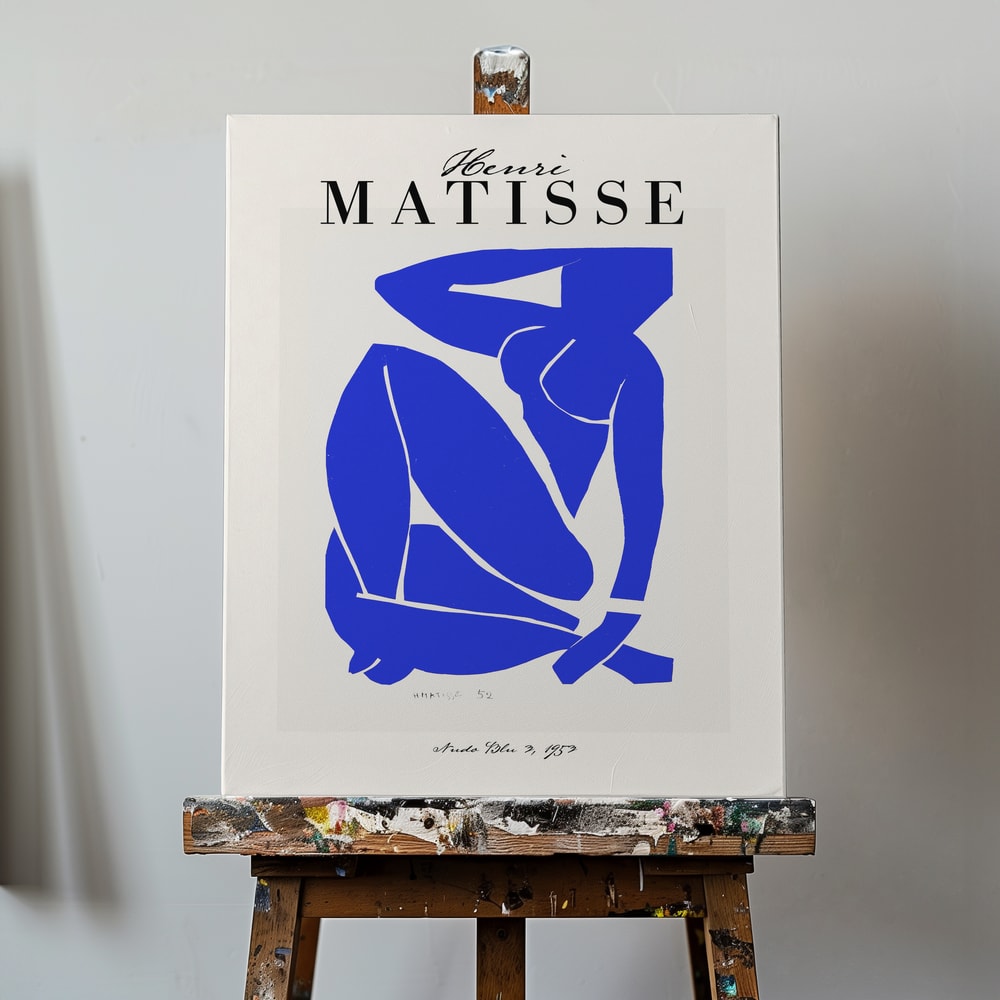 Ausstellungsplakat Henri Matisse mit blauem Scherenschnitt einer sitzenden Figur