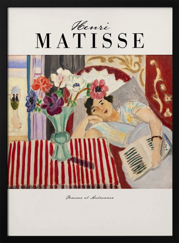 Ausstellungsplakat Henri Matisse mit Frau neben einer Vase mit Anemonen in einem bunten Interieur