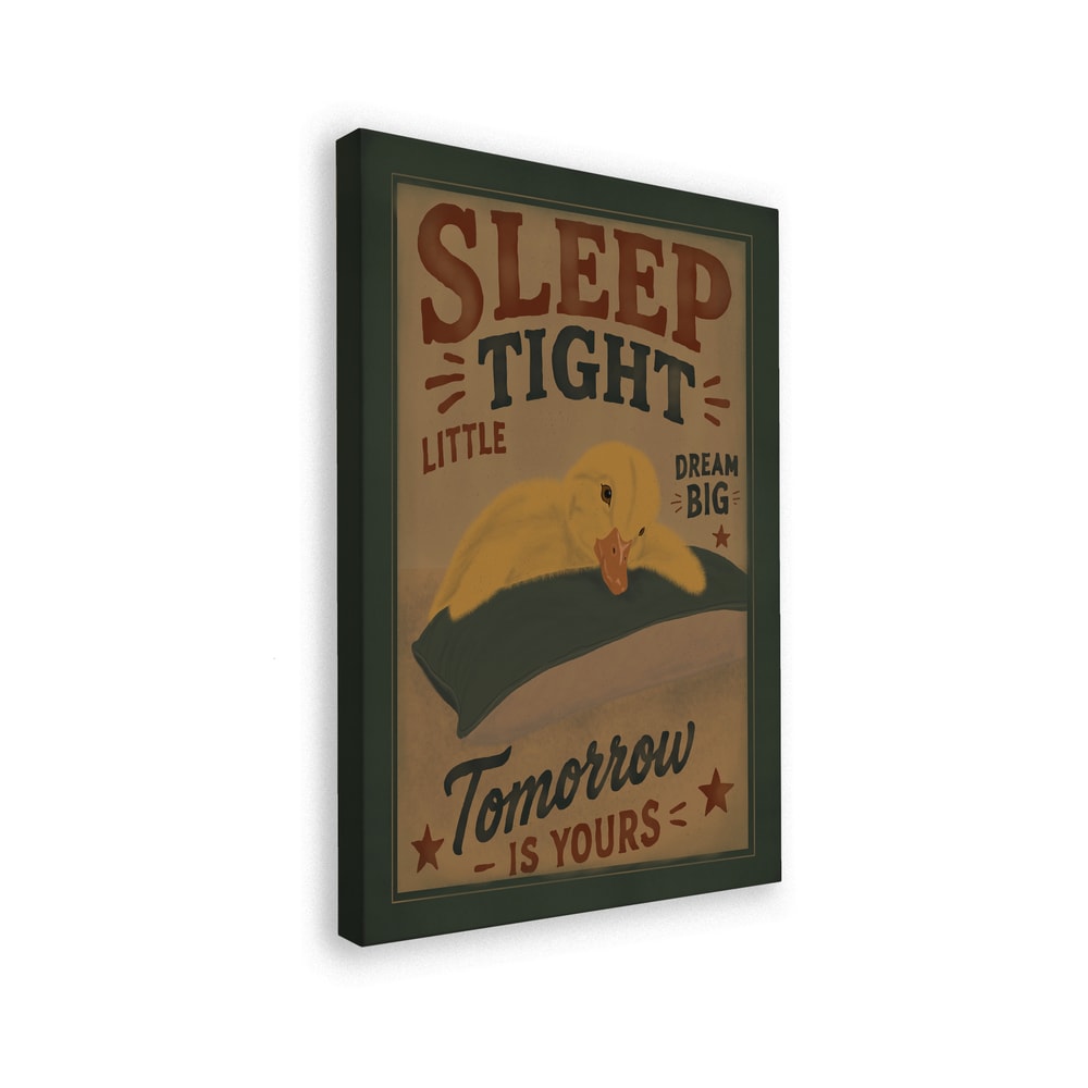 Retro-Plakat mit schlafendem gelbem Entenküken und Schriftzug Sleep Tight Little, Dream Big, Tomorrow is yours