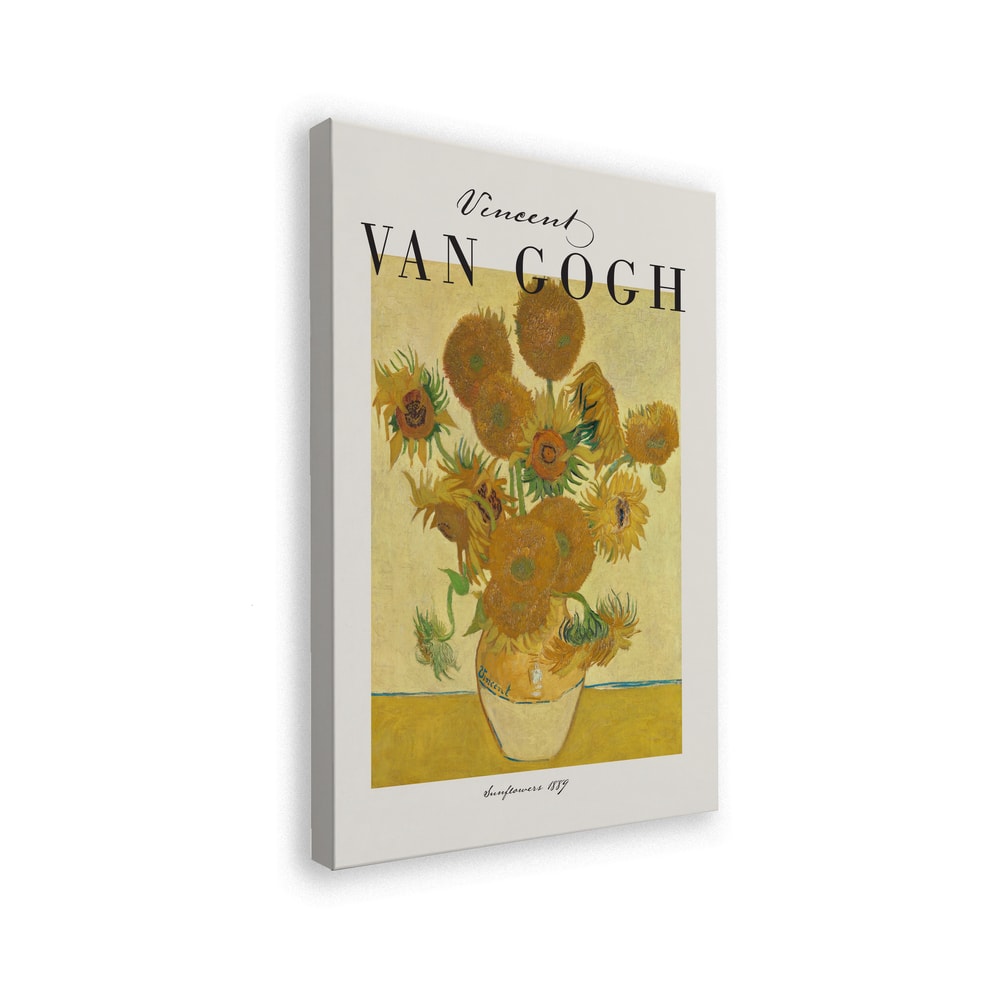 Ausstellungsplakat Vincent van Gogh mit dem Gemälde Sonnenblumen, schwarzer Schriftzug oben