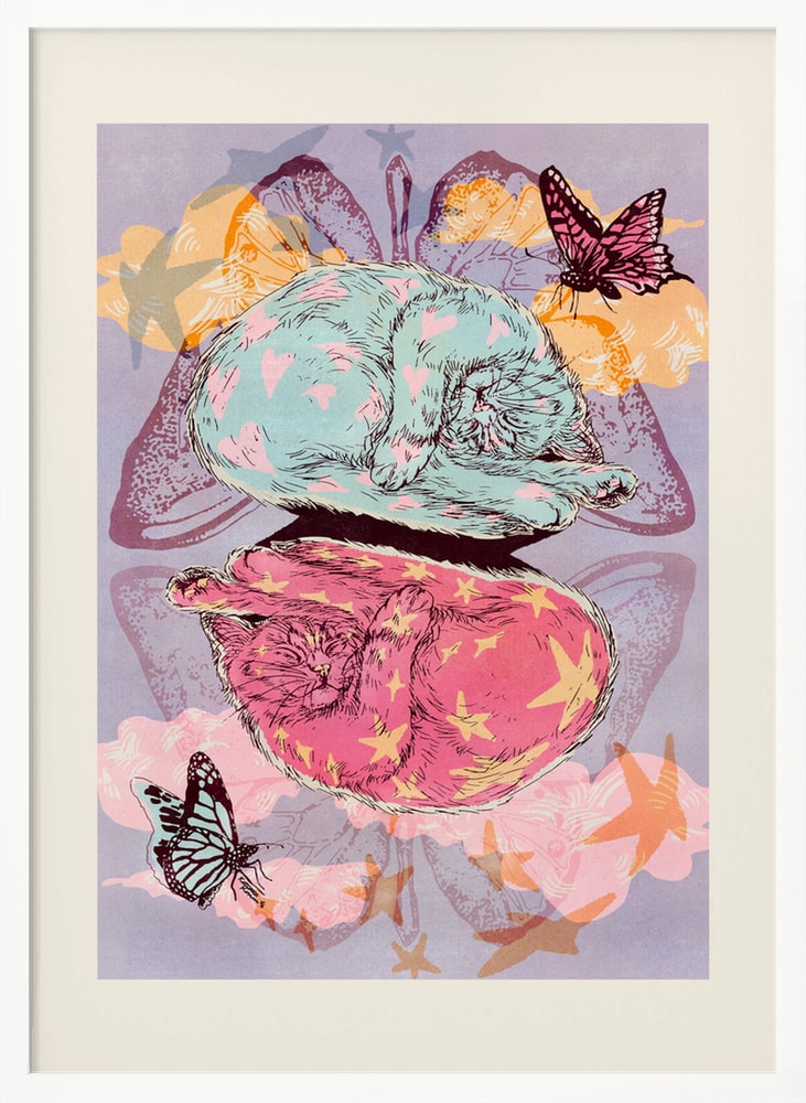 Illustration zweier schlafender Katzen in Mint und Pink mit Schmetterlingen und Sternen
