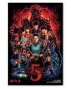 Stranger Things Staffel 5 Poster Motiv One Sheet mit Eleven und den Hauptcharakteren vor rotem Himmel in Hawkins