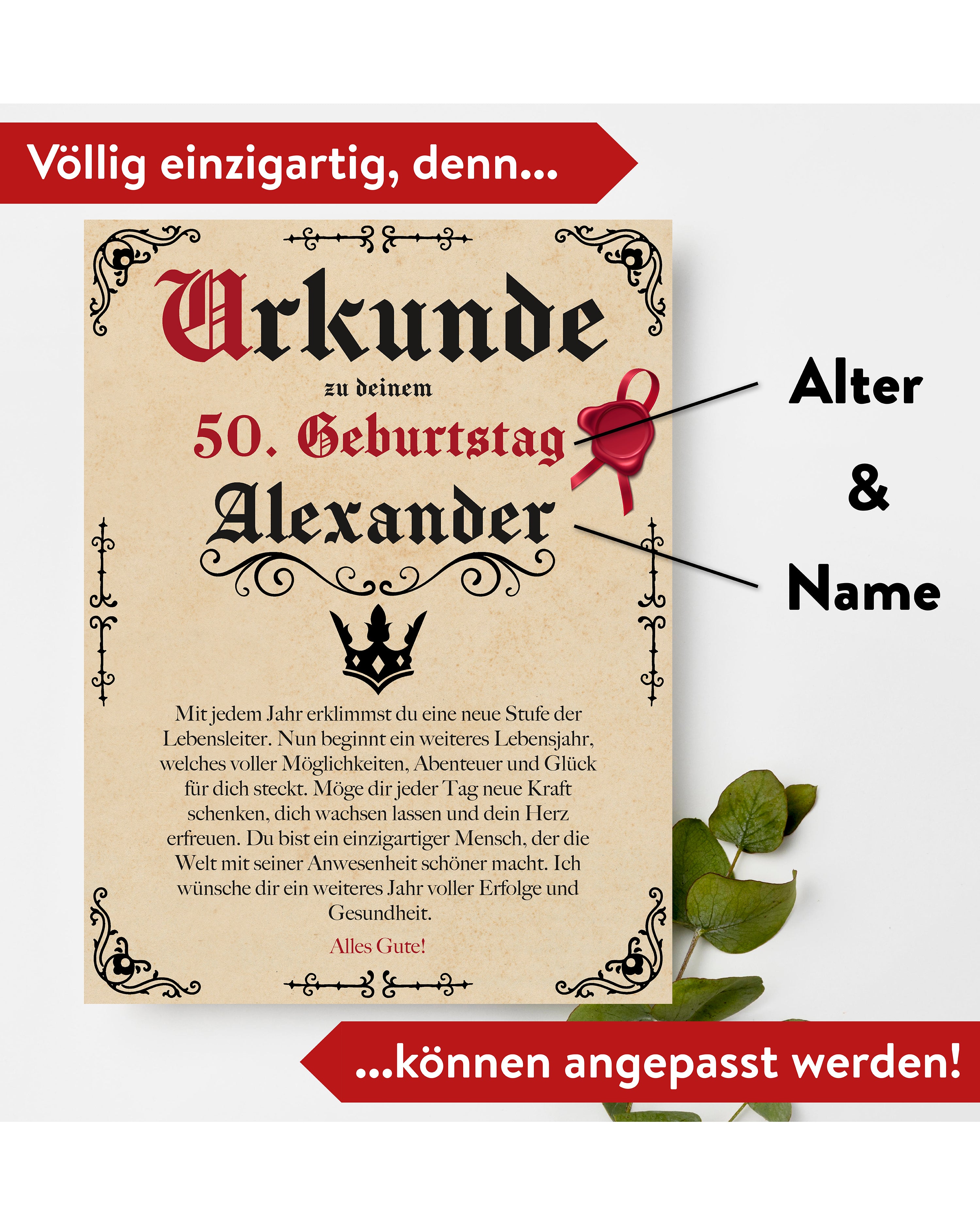 Birthday Certificate Personalizable with Age + Desired Name - Parchment Style Antique Vintage - 20x30 cm