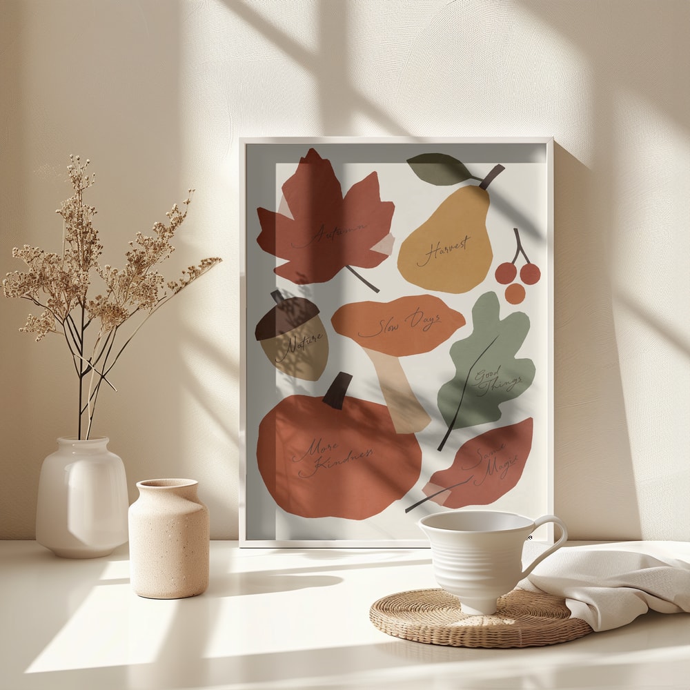 Herbstmotiv mit Ahornblatt, Birne, Eichel, Pilz und Kürbis und handgeschriebenen Worten
