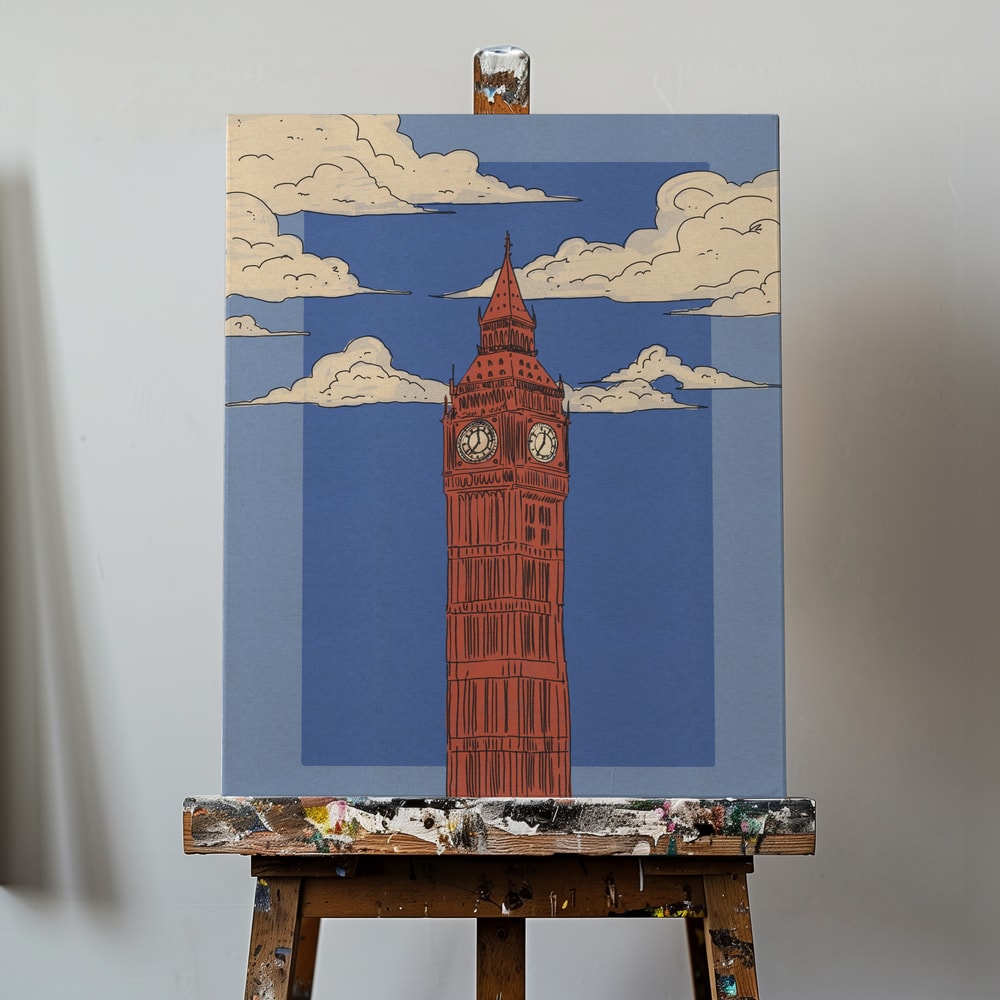 Illustration des Big Ben in Rot vor blauem Himmel mit Wolken