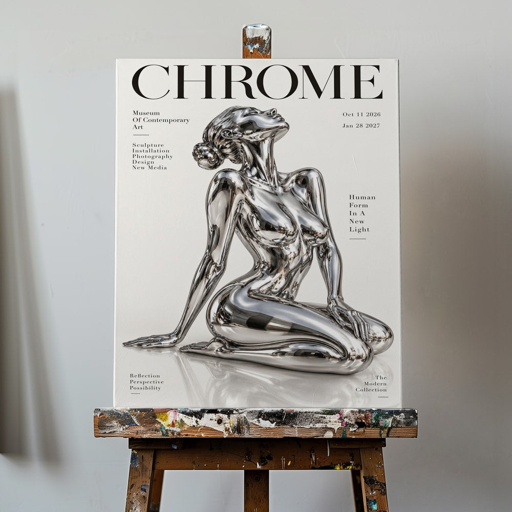 Ausstellungsplakat mit dem Schriftzug Chrome und einer knienden Frauenfigur aus Chrom