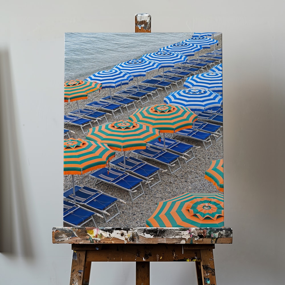 Luftaufnahme von Reihen blau-weißer und orange-grüner Sonnenschirme mit blauen Liegen