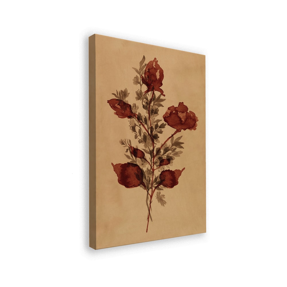 Gemalter Blumenzweig mit rostroten Blüten auf ockerfarbenem Papier