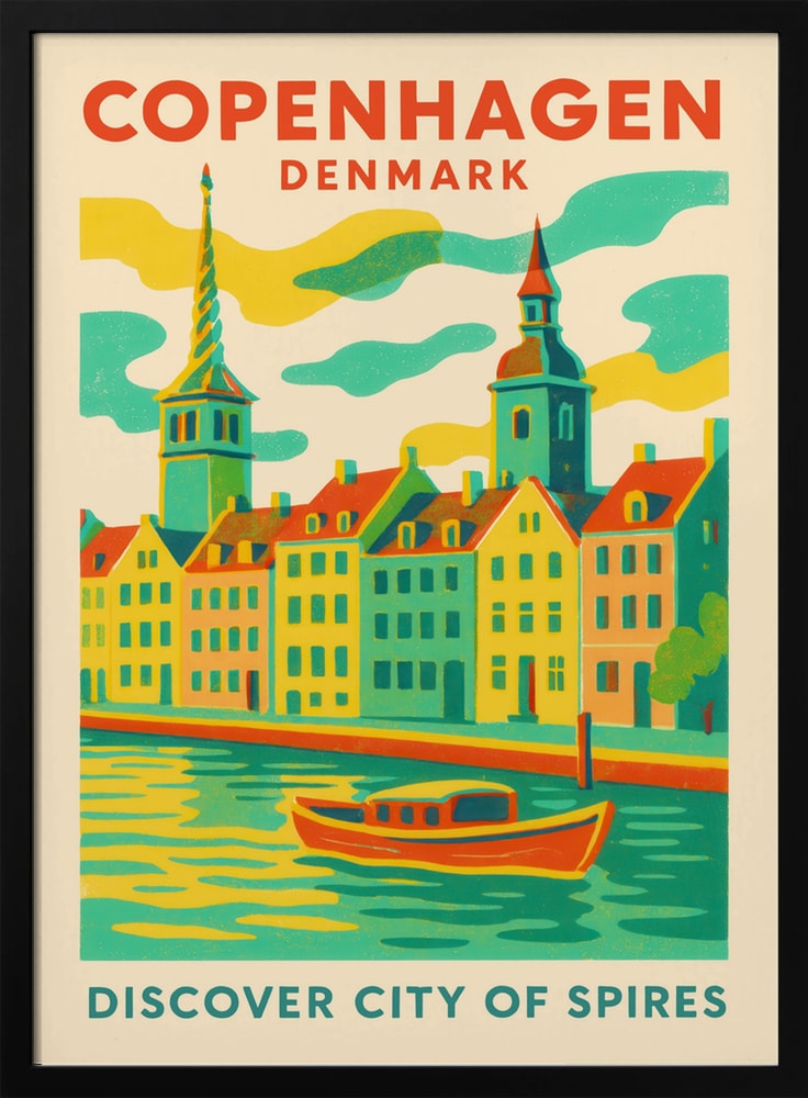 Reiseplakat Kopenhagen mit bunten Häusern, Kirchtürmen und Boot auf dem Kanal
