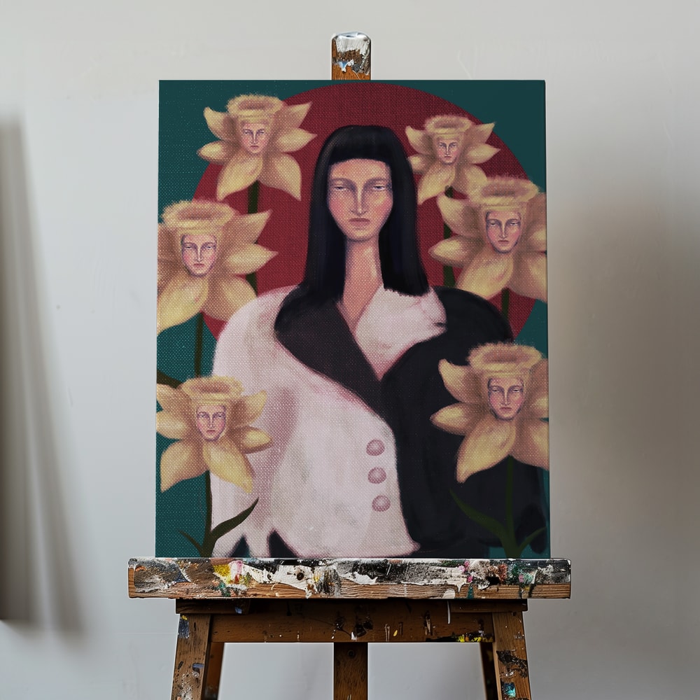 Surreales Gemälde einer Frau mit dunklem Haar zwischen gelben Narzissen mit Gesichtern