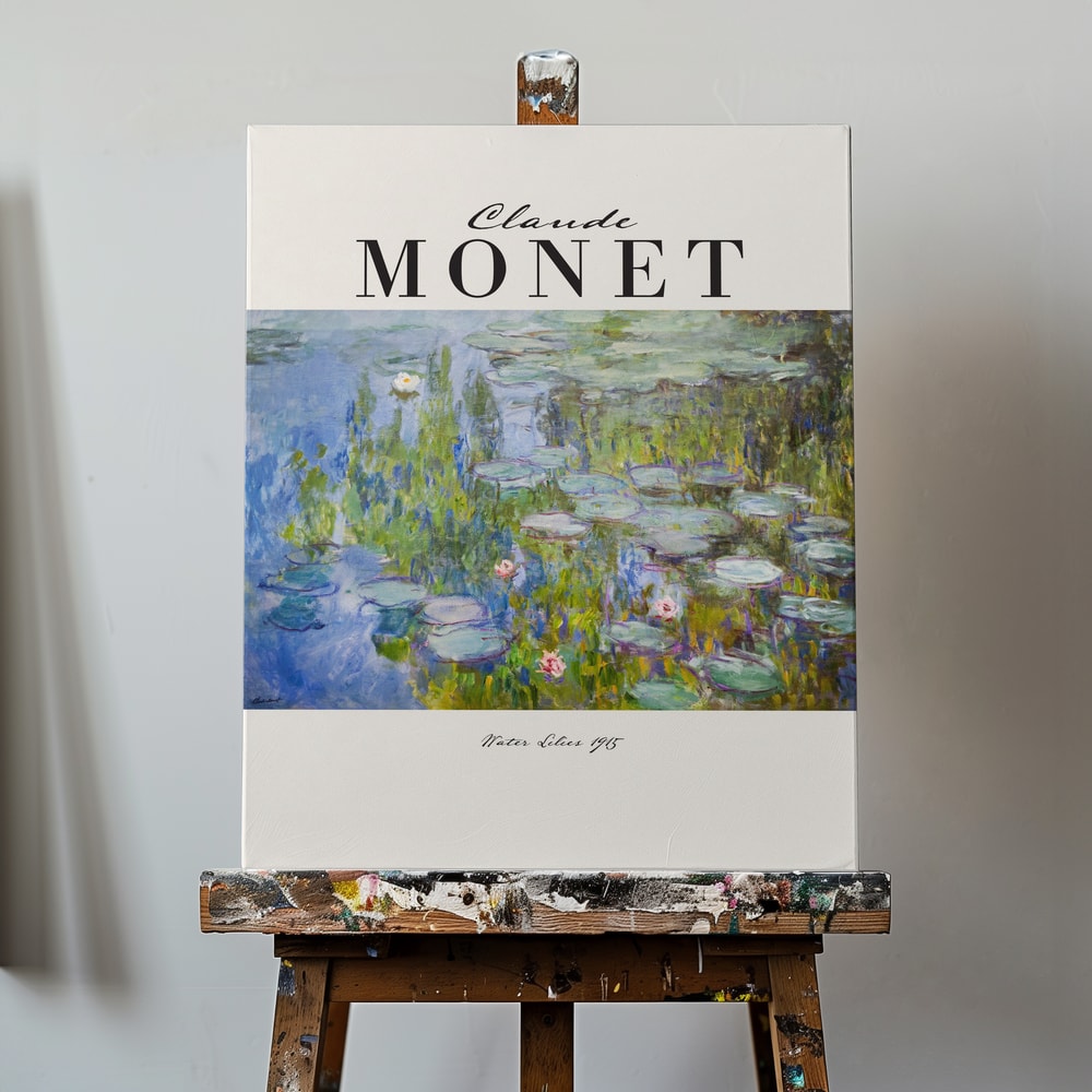 Ausstellungsplakat Claude Monet mit Seerosen auf blau-violettem Wasser, schwarzer Schriftzug