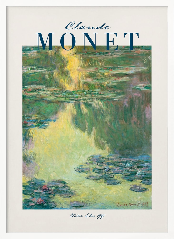 Ausstellungsplakat Claude Monet mit Seerosen auf grünem Wasser, dunkelblauer Schriftzug