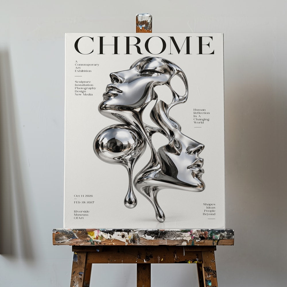 Ausstellungsplakat mit dem Schriftzug Chrome und einer Skulptur aus zwei verschmelzenden Chrom-Gesichtern