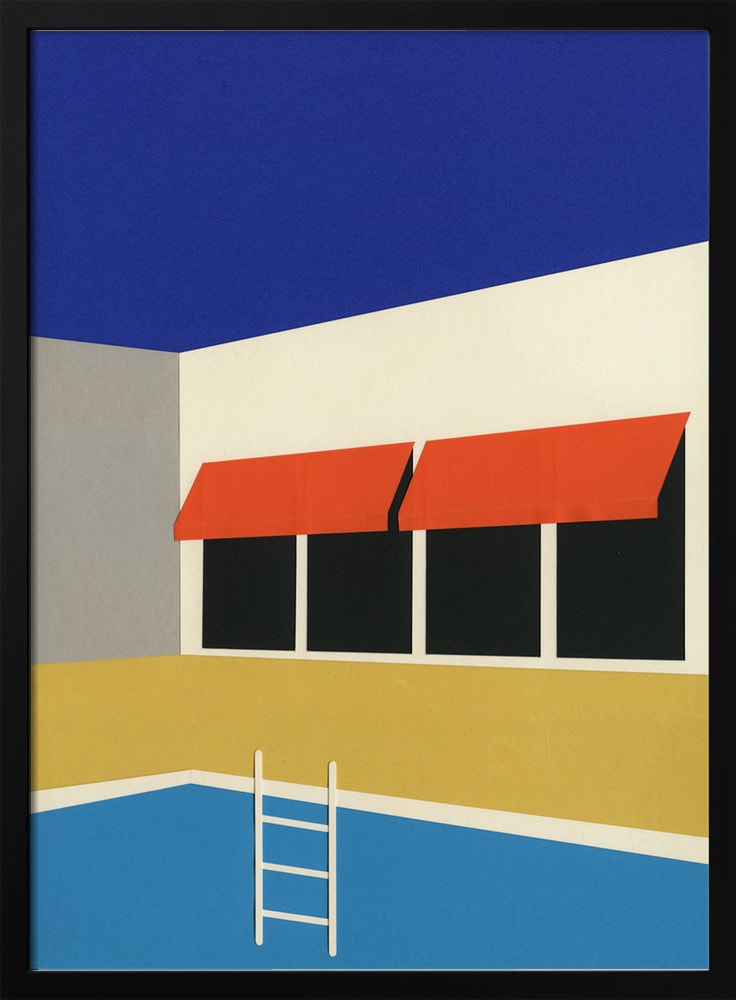 Grafische Illustration eines Gebäudes mit roten Markisen am blauen Pool
