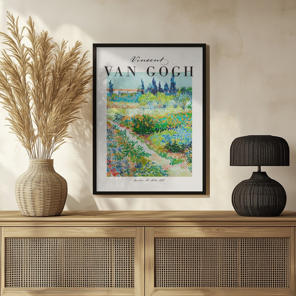 Ausstellungsplakat Vincent van Gogh mit dem Gemälde Garten in Arles, schwarzer Schriftzug oben
