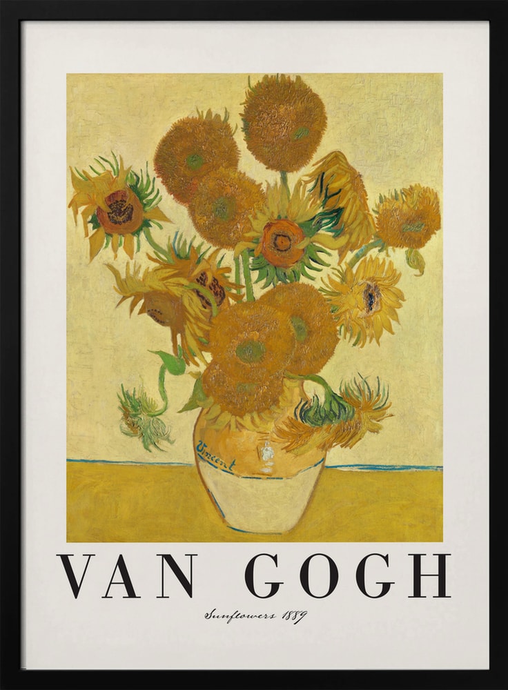 Ausstellungsplakat Vincent van Gogh mit dem Gemälde Sonnenblumen, Schriftzug unten