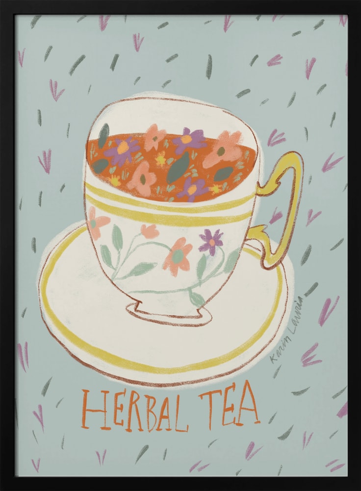 Illustration einer verzierten Tasse mit Blütentee und Schriftzug Herbal Tea auf mintfarbenem Hintergrund