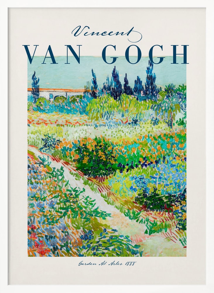Ausstellungsplakat Vincent van Gogh mit dem Gemälde Garten in Arles, blauer Schriftzug oben