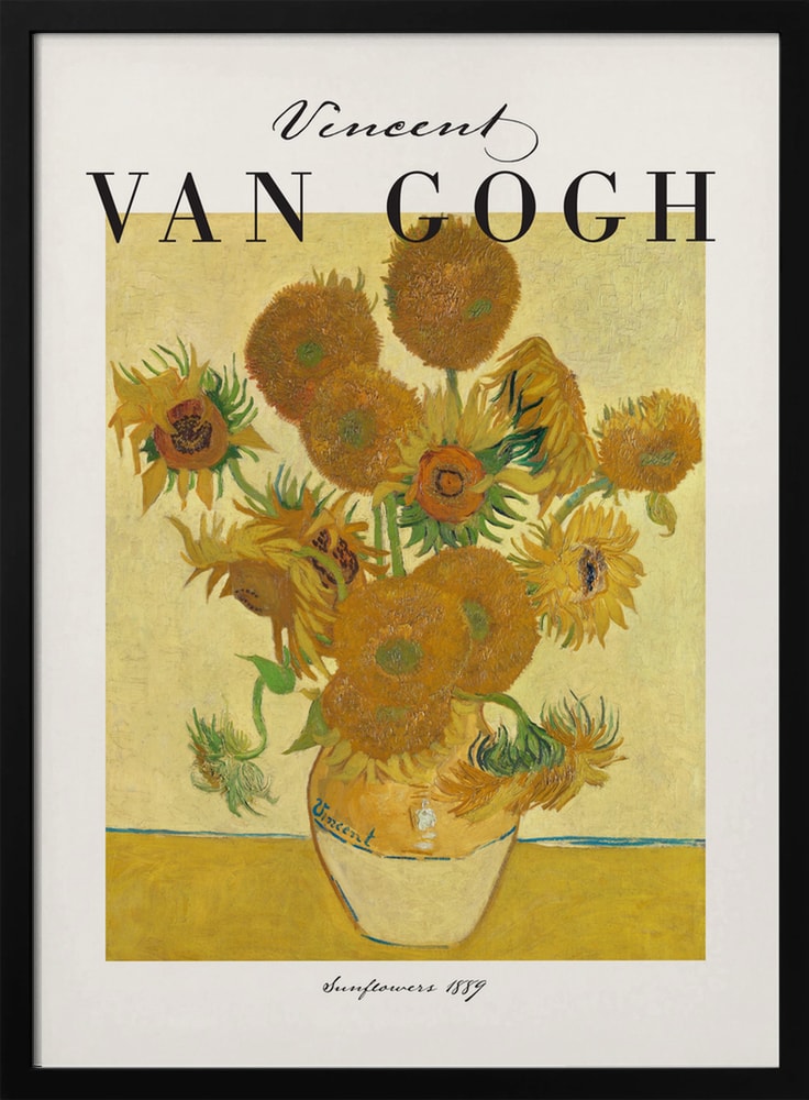 Ausstellungsplakat Vincent van Gogh mit dem Gemälde Sonnenblumen, schwarzer Schriftzug oben