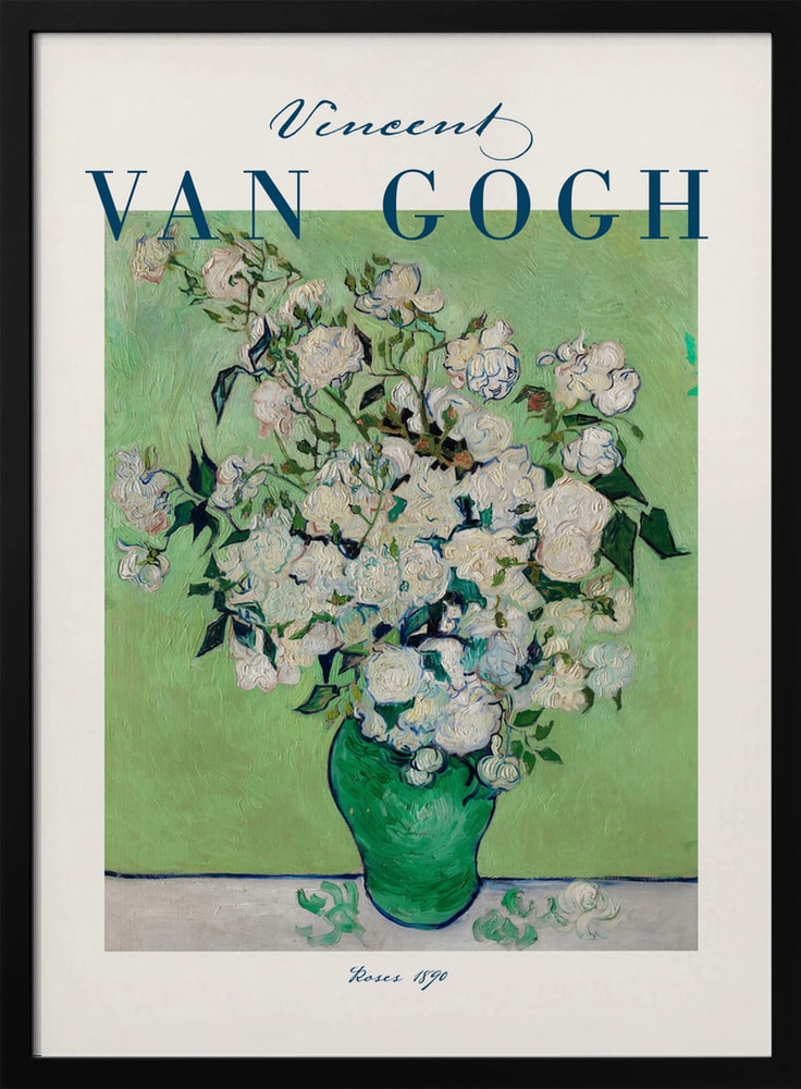 Ausstellungsplakat Vincent van Gogh mit weißen Rosen in grüner Vase, blauer Schriftzug
