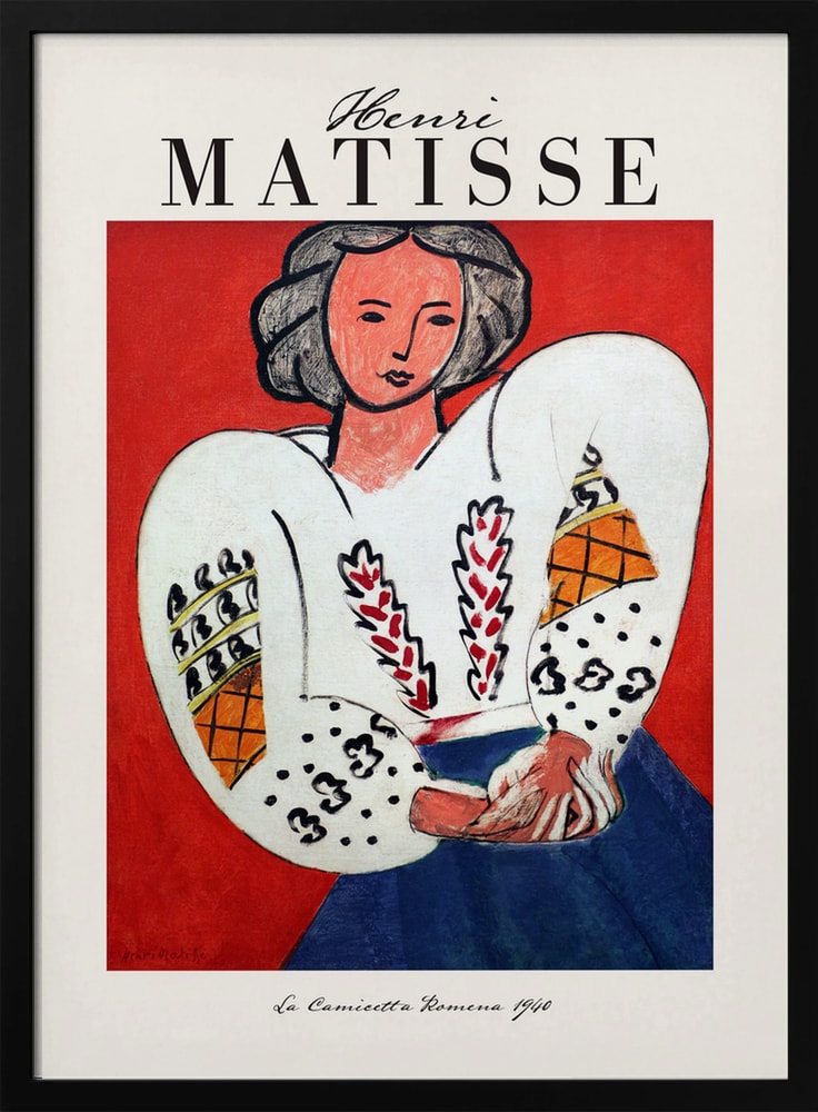 Ausstellungsplakat Henri Matisse mit Frau in bestickter weißer Bluse vor rotem Hintergrund