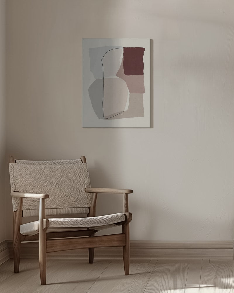 Abstrakte Flächen in Grau, Taupe und Bordeaux mit feiner schwarzer Linie