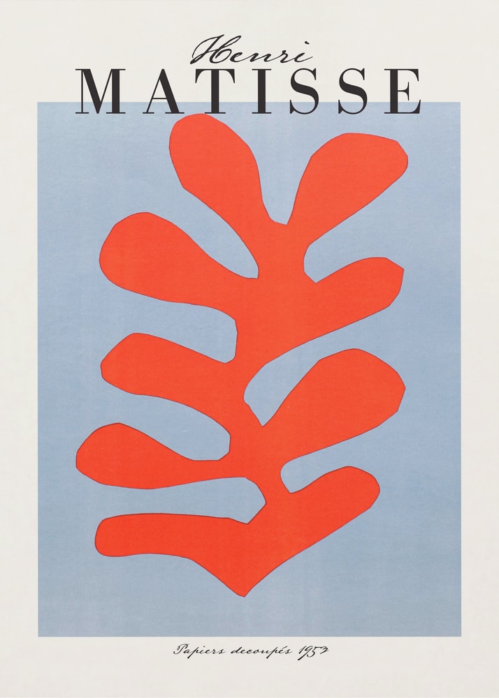 Ausstellungsplakat Henri Matisse mit korallenrotem Scherenschnitt-Blatt auf hellblauem Grund, schwarzer Schriftzug