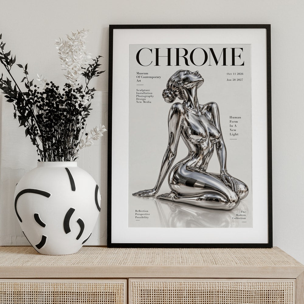 Ausstellungsplakat mit dem Schriftzug Chrome und einer knienden Frauenfigur aus Chrom