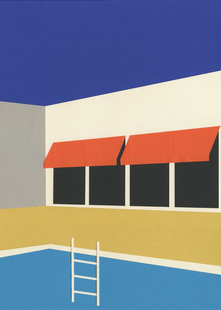 Grafische Illustration eines Gebäudes mit roten Markisen am blauen Pool