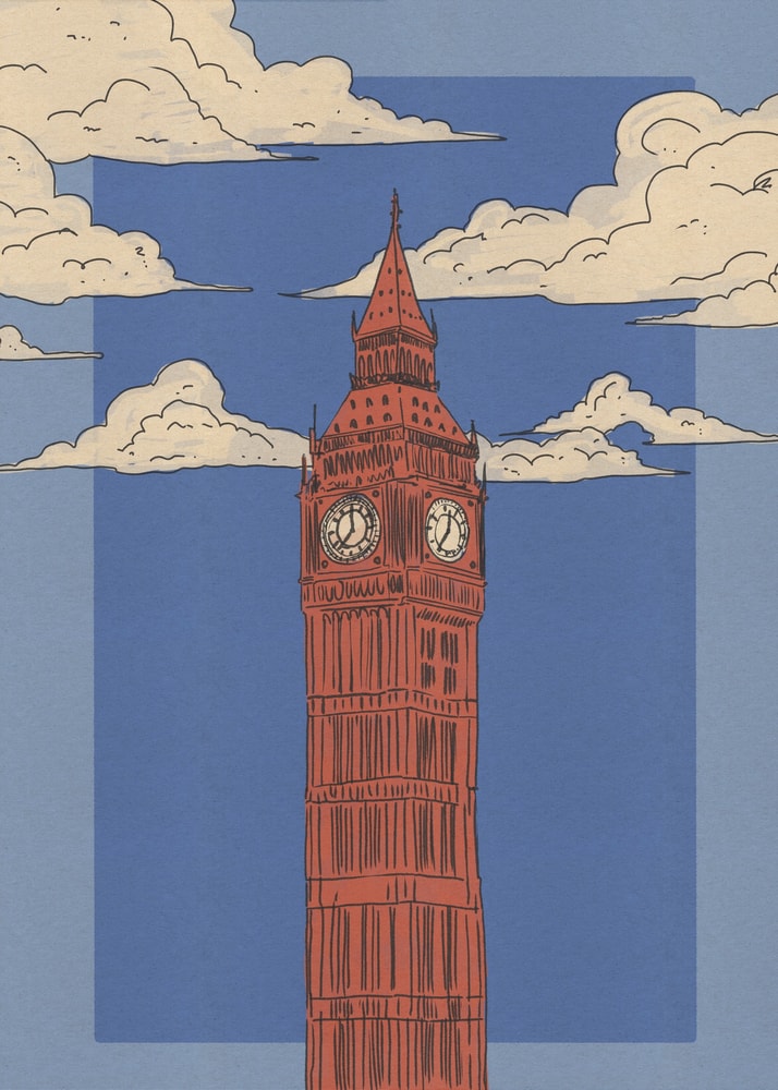 Illustration des Big Ben in Rot vor blauem Himmel mit Wolken