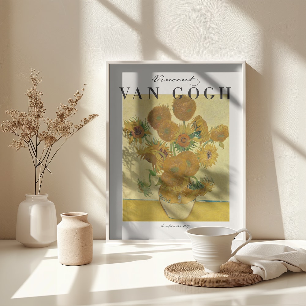 Ausstellungsplakat Vincent van Gogh mit dem Gemälde Sonnenblumen, schwarzer Schriftzug oben