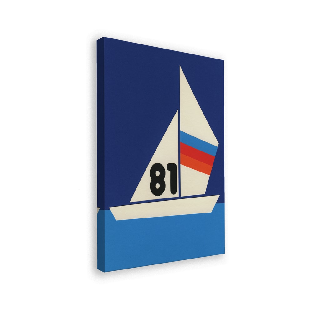 Grafische Illustration eines Segelboots mit Nummer 81 und gestreiftem Segel auf blauem Wasser