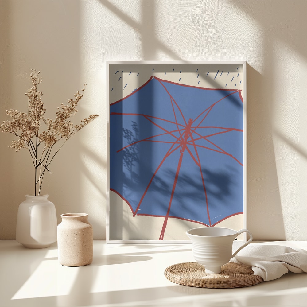 Illustration eines blauen Regenschirms mit roten Streben und Regentropfen auf hellem Hintergrund