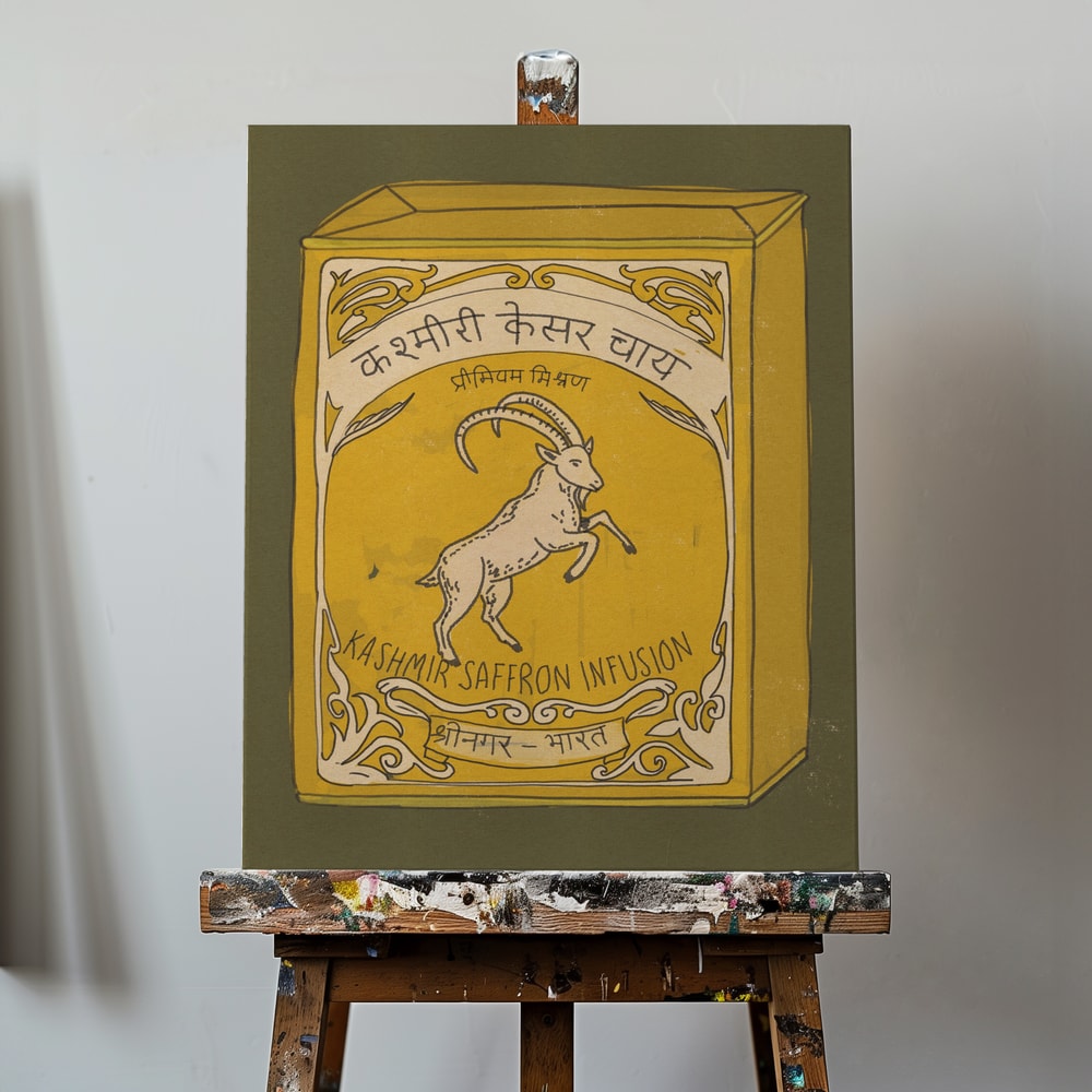 Illustration einer gelben Vintage-Teedose mit Steinbock und Schriftzug Kashmir Saffron Infusion