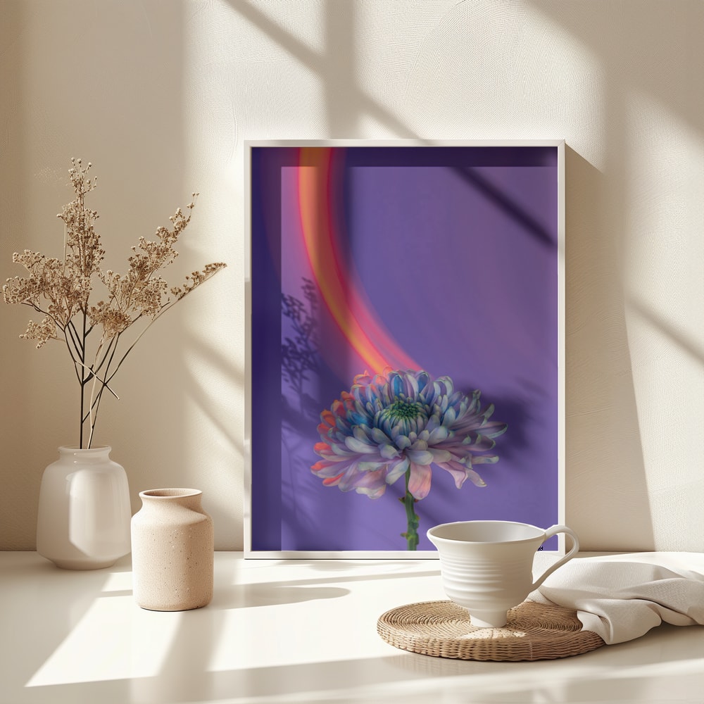 Fotografie einer blau-violetten Chrysantheme mit orangem Lichtbogen vor violettem Hintergrund