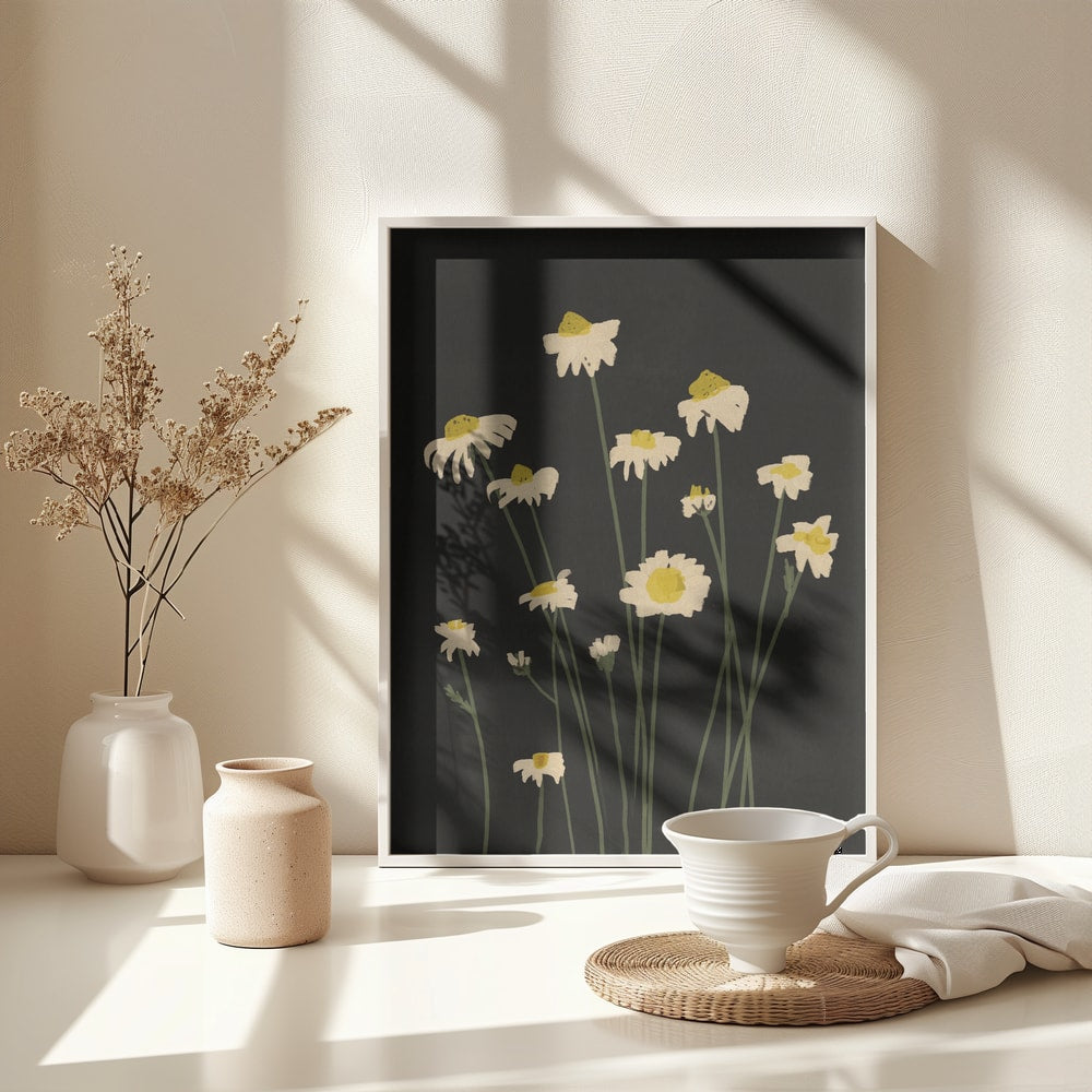 Illustration weißer Gänseblümchen an langen Stielen auf schwarzem Hintergrund
