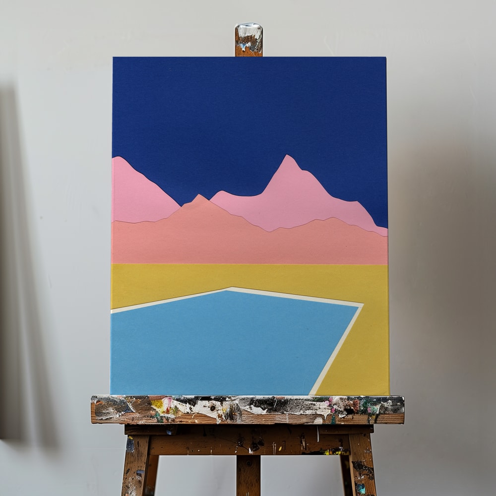 Grafische Illustration eines blauen Pools vor rosa Bergen und dunkelblauem Himmel